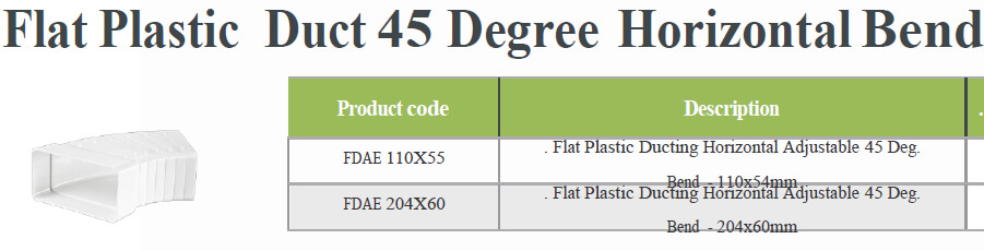 Flat Plastic Duct 45 Degree Horizontal Bend